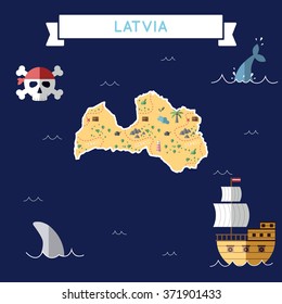 Latvia treasure map in flat design. Colorful cartoon treasure map of Latvia with flat design icons of pirate ship and jolly roger. Latvia flat design vector illustration.