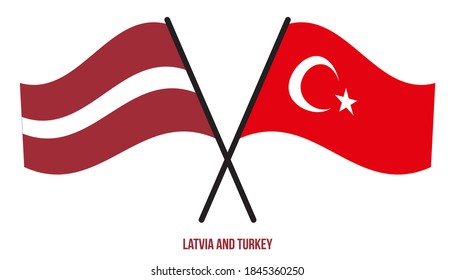 Latvia and Turkey Flags Crossed And Waving Flat Style. Official Proportion. Correct Colors.