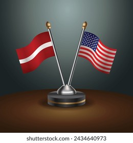 Latvia and United States table flags with gradient backgrund. Vector Illustration