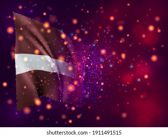 Latvia, vector 3d flag on pink purple background with lighting and flares