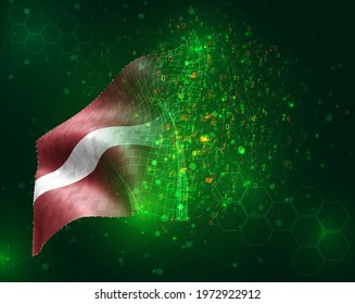 Latvia, vector 3d flag on green background with polygons and data numbers