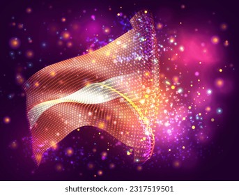 Latvia, vector 3d flag on pink purple background with lighting and flares