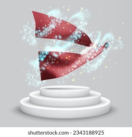 Latvia, vector 3d flag on the podium surrounded by a whirlwind of magical radiance