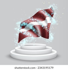 Latvia, vector 3d flag on the podium surrounded by a whirlwind of magical radiance