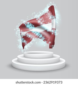 Latvia, vector 3d flag on the podium surrounded by a whirlwind of magical radiance