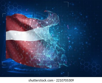 Latvia,  vector flag, virtual abstract 3D object from triangular polygons on a blue background
