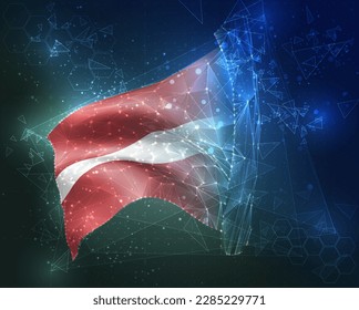 Latvia,  vector flag, virtual abstract 3D object from triangular polygons on a blue background