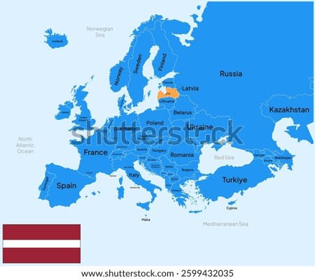 Latvia vector map, Europe. Editable Vector map silhouette illustration isolated on Europe, highlighted at Latvia, with flag, country name, border, and capital city.