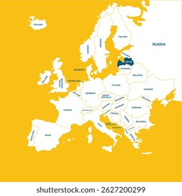 Latvia vector map, Europe, vector map silhouette illustration isolated on Europe map. Editable blank vector map of Europe. 