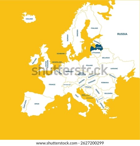 Latvia vector map, Europe, vector map silhouette illustration isolated on Europe map. Editable blank vector map of Europe. 