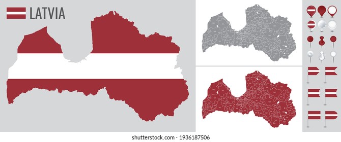 Latvia vector map with flag, globe and icons on white background