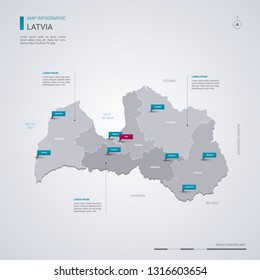 Latvia vector map with infographic elements, pointer marks. Editable template with regions, cities and capital Riga. 