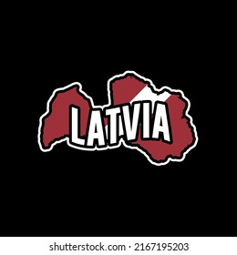 Latvia vector map silhouette illustration isolated on black background. Sticker, made in Latvia, map, silhouette, flag, emblem, identity, nation.