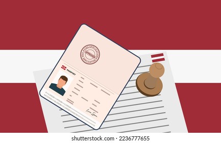 Latvia visa, open stamped passport with visa approved document for border crossing. Immigration visa concept. Background with Latvia flag. vector illustration