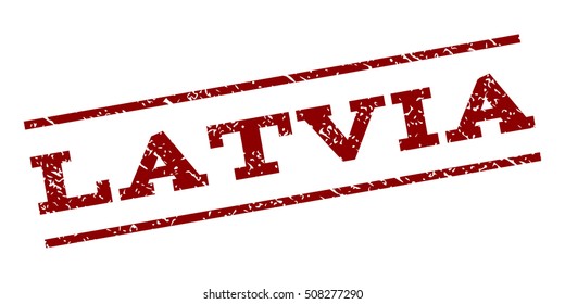 Latvia watermark stamp. Text caption between parallel lines with grunge design style. Rubber seal stamp with dirty texture. Vector dark red color ink imprint on a white background.