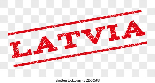 Latvia watermark stamp. Text tag between parallel lines with grunge design style. Rubber seal stamp with dirty texture. Vector red color ink imprint on a chess transparent background.