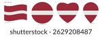 Latvia waving flag, round circle sticker badge, heart shaped icon, map pin. Latvian flag buttons of different shapes. Vector illustration isolated on white.