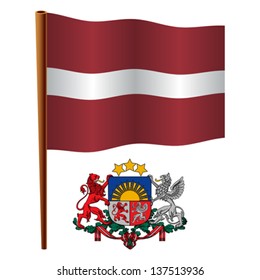 latvia wavy flag and coat of arm against white background, vector art illustration, image contains transparency