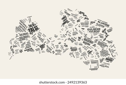 Latvia Word Cloud. Country with regions division. Latvia typographic text clouds vector image design. Vintage gazette style country shape image. Artistic vector illustration.