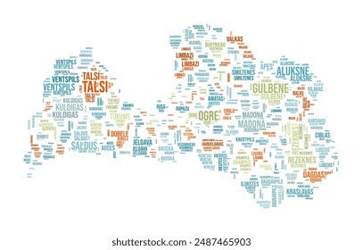 Latvia Word Cloud. Country shape with region division. Latvia typography style image. Region names tag clouds. Vector illustration.