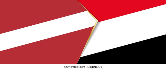 Latvia and Yemen flags, two vector flags symbol of relationship or confrontation.