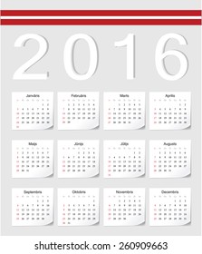 Latvian 2016 vector calendar with shadow angles. Week starts from Sunday.