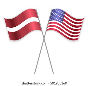 Latvian and American crossed flags. Latvia combined with United States of America isolated on white. Language learning, international business or travel concept.