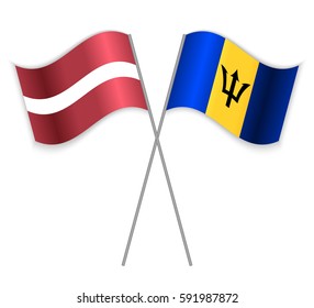 Latvian and Barbadian crossed flags. Latvia combined with Barbados isolated on white. Language learning, international business or travel concept.