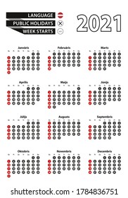 Latvian calendar 2021 with numbers in circles, week starts on Sunday. 2021 with flag of Latvia. Vector calendar 2021.