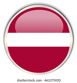 Latvian Flag. Glossy button with glare in bright round frame.