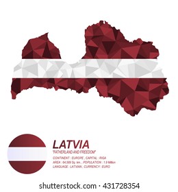 Latvian flag overlay on Latvian map with polygonal style.(EPS10 art vector)