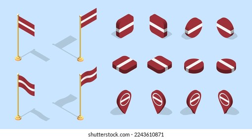 Latvian flag (Republic of Latvia). 3D isometric flag set icon. Editable vector for banner, poster, presentation, infographic, website, apps, maps, and other uses.