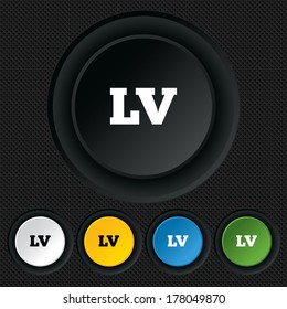 Latvian language sign icon. LV Latvia translation symbol. Round colourful buttons on black texture. Vector