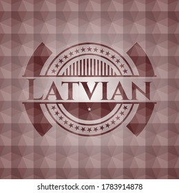 Latvian red badge with geometric pattern background. Seamless. 