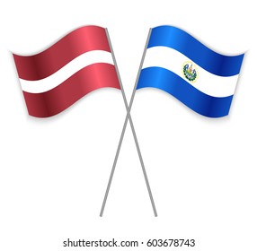 Latvian and Salvadoran crossed flags. Latvia combined with El Salvador isolated on white. Language learning, international business or travel concept.