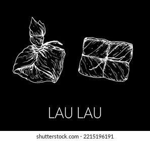 Lau Lau, Hawaiian food. Hand drawn vector illustration. Sketch style. Top view. Vintage vector illustration.