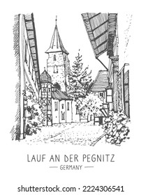 Lauf an der Pegnitz, Northern Bavarian. Sketch of a town to the East of Nuremberg, Germany. Hand drawing. Urban sketch in black color on white background. Medieval building line art. Freehand drawing.