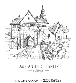 Lauf an der Pegnitz, Northern Bavarian. Vector sketch of a town to the East of Nuremberg, Germany. Hand drawing. Urban sketch in black color on white background. Medieval building. Freehand drawing.