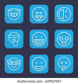 Laugh icon. set of 9 outline laugh icons such as crazy emot, laughing emot, emoji in mask