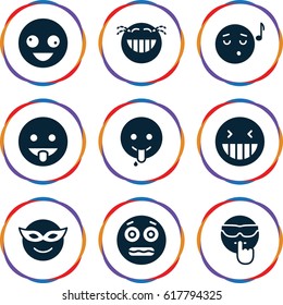 Laugh icons set. set of 9 laugh filled icons such as crazy emot, laughing emot, emoji in mask