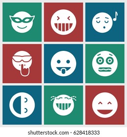 Laugh icons set. set of 9 laugh filled icons such as laughing emot, emoji in mask, emoji listening music, cool emot, showing tongue emot