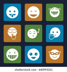 Laugh icons set. set of 9 laugh filled icons such as crazy emot, laughing emot, emoji in mask