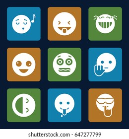Laugh icons set. set of 9 laugh filled icons such as crazy emot, emoji listening music, laughing emot, shocked emoji