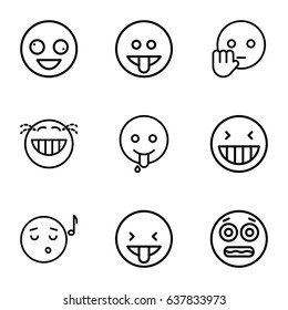 Laugh icons set. set of 9 laugh outline icons such as crazy emot, emoji listening music, shocked