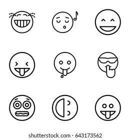 Laugh icons set. set of 9 laugh outline icons such as laughing emot, emoji listening music, cool emot, showing tongue emot, shocked emoji