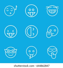 Laugh icons set. set of 9 laugh outline icons such as emoji in mask, emoji listening music, laughing emot, bye emot