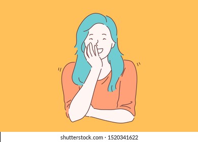 Laugh, joke, smile concept. Young joyous happy woman or girl with charisma laughs carefree. Smiling lady giggling closing her mouth with her hand out loud not hiding her emotions. Vector flat design.