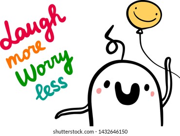 Laugh more worry less hand drawn vector illustration in cartoon style with happy man and balloon rainbow colors