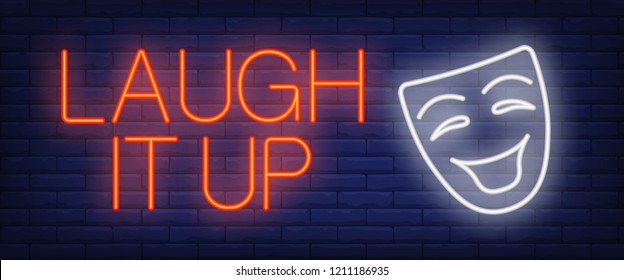 Laugh it up neon sign. Comedian mask on brick background. Comedy show, standup, humor. Night bright advertisement. Vector illustration in neon style for entertainment, emotion, positivity