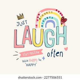 laugh often slogan with colorful sequins for girl's fashion print